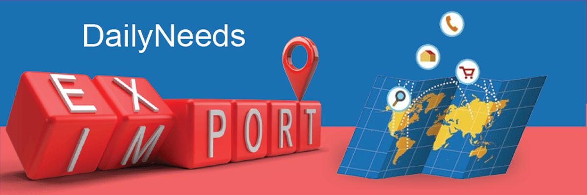 DailyNeeds banner: red 3D blocks spell EXPORT, with a location pin and a folded world map signaling global trade.