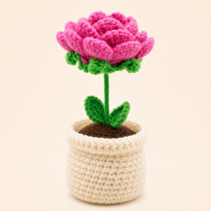 Handmade Crochet Flower Pot Rose Pink