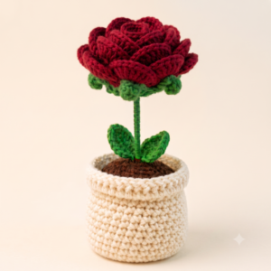 Handmade Crochet Flower Pot Rose Red