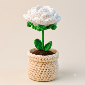 Handmade Crochet Flower Pot Rose White