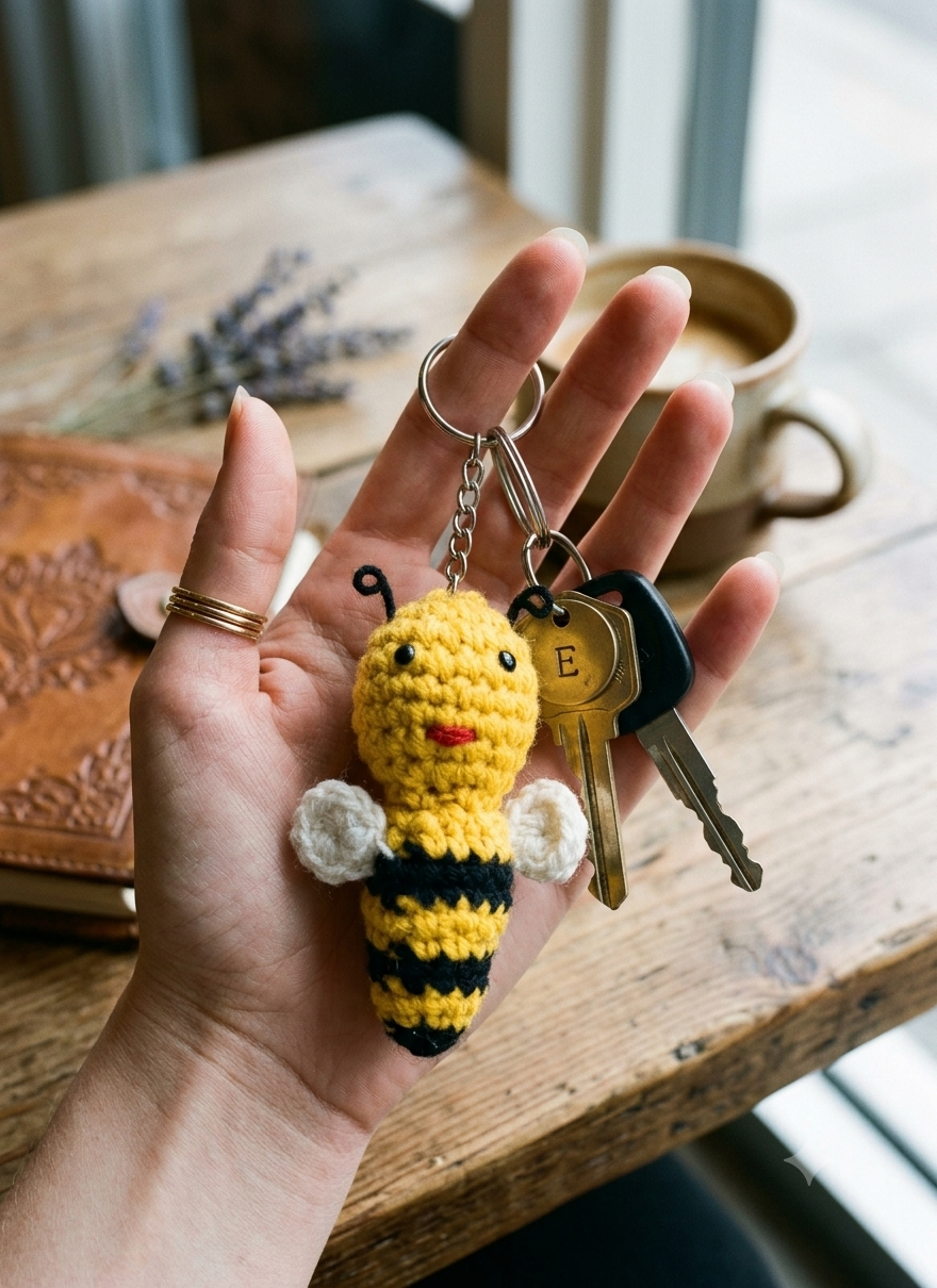 Handmade Crochet Stand Honeybee key Chain - Image 2