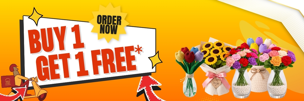 Bright orange promotional banner with bold 'BUY 1 GET 1 FREE' text and a row of colorful flower bouquets on the right.