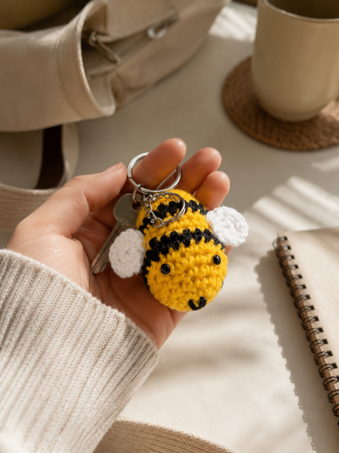 Handmade Crochet Round Honey Bee Keychain - Image 2