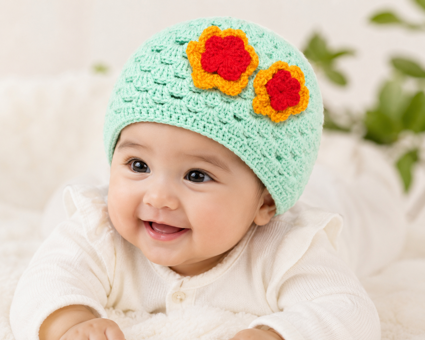 Handmade Crochet Sunflower Hat Green - Image 2