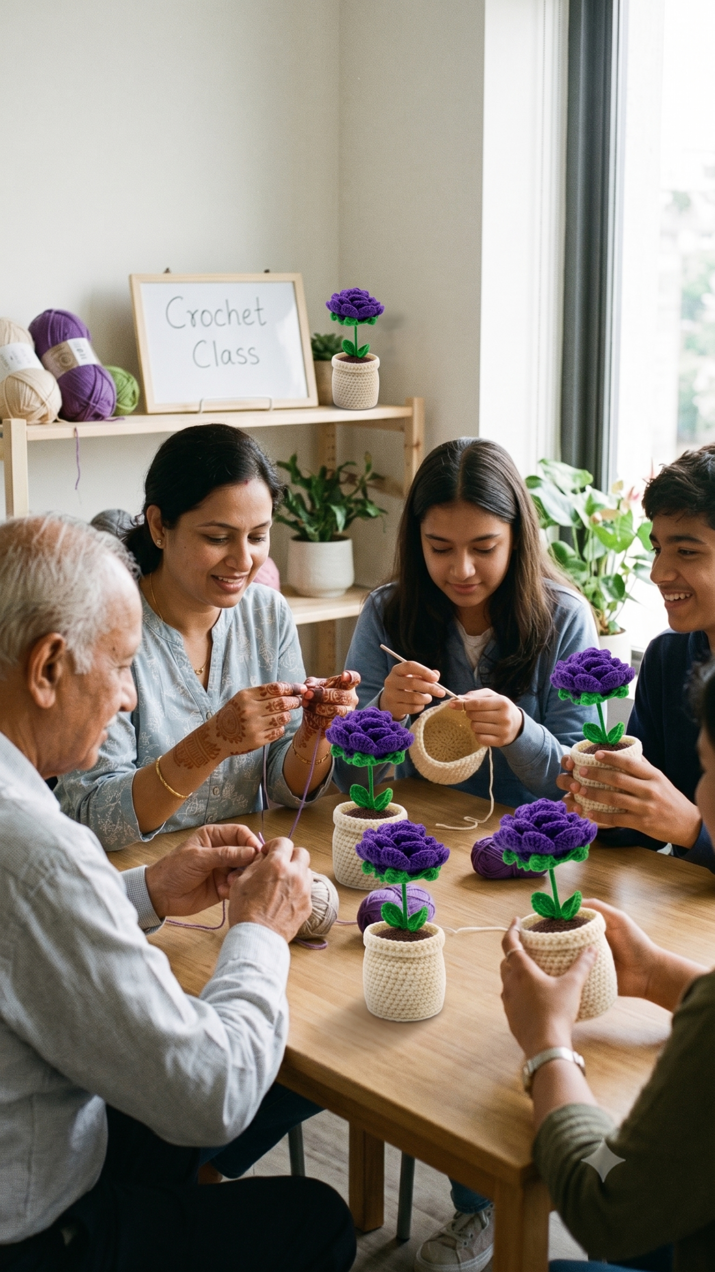 Handmade Crochet Flower Pot Rose Purple Small - Image 2