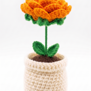 Handmade Crochet Flower Pot Rose Orange Small