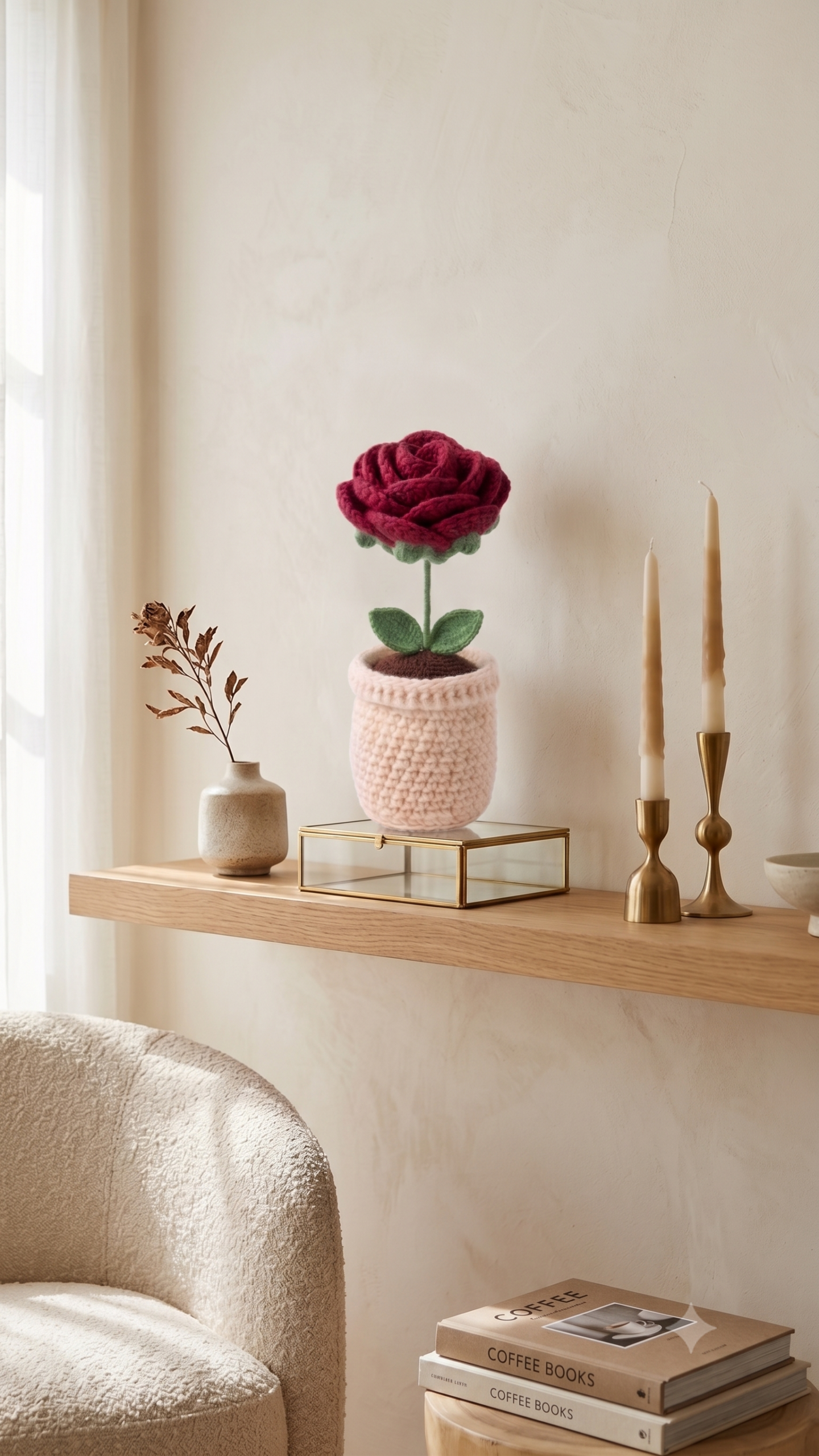 Handmade Crochet Flower Pot Rose Maroon Small - Image 3