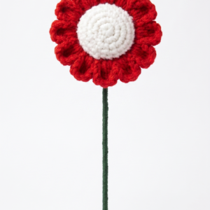 Handmade Crochet Daisy Flower Stick Small Top Facing Red With White