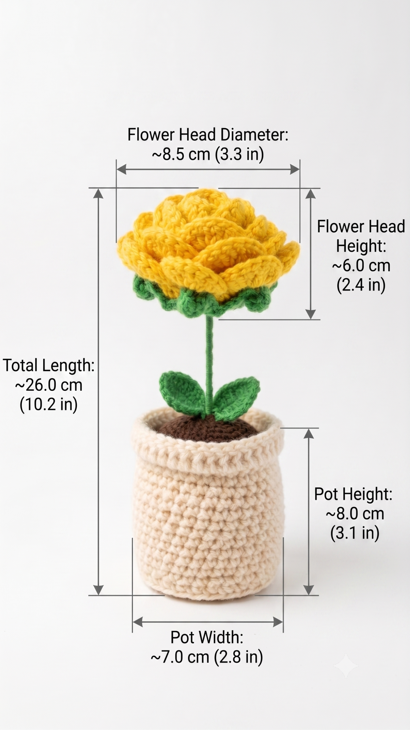 Handmade Crochet Flower Pot Rose Yellow Small - Image 2