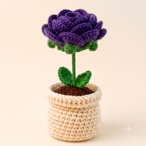 Handmade Crochet Flower Pot Rose Purple
