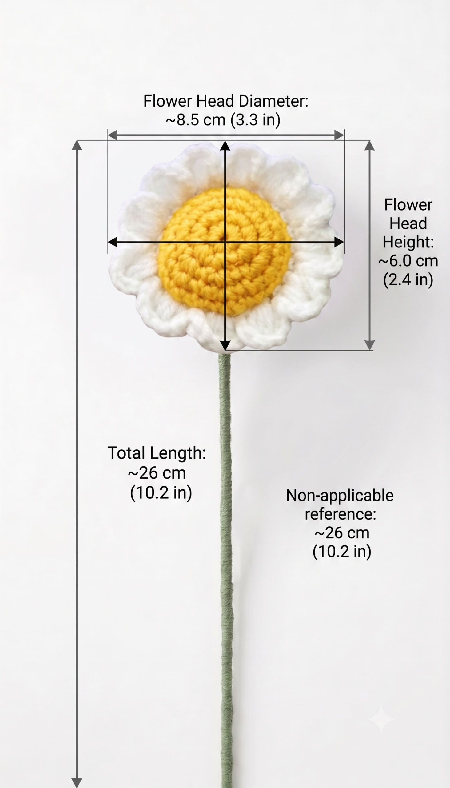 Handmade Crochet Daisy Flower Stick Small Top Facing White With Yellow - Image 2