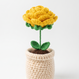 Handmade Crochet Flower Pot Rose Yellow Small