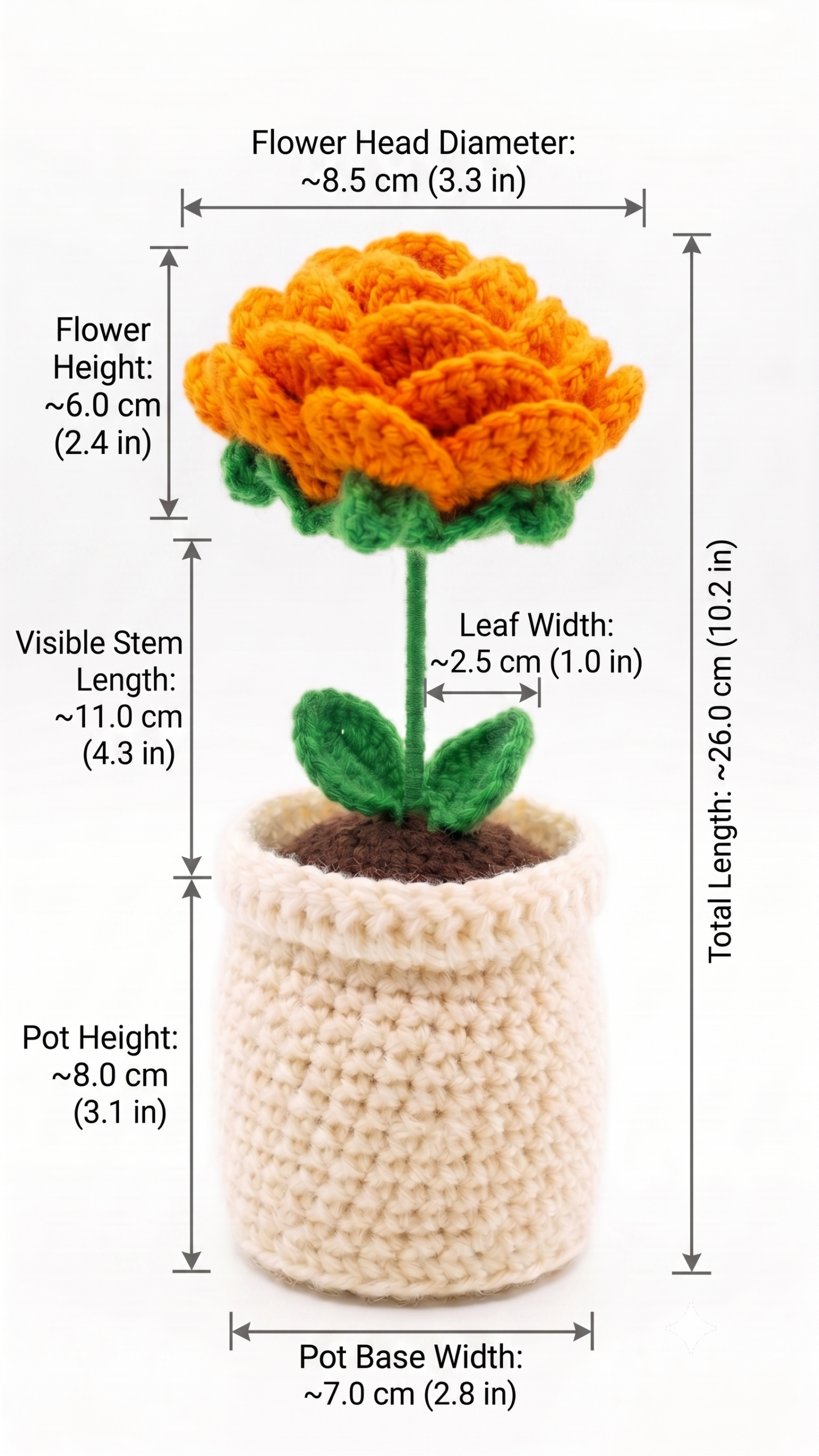 Handmade Crochet Flower Pot Rose Orange Small - Image 2
