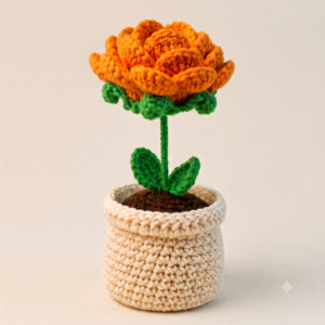 Handmade Crochet Flower Pot Rose Orange