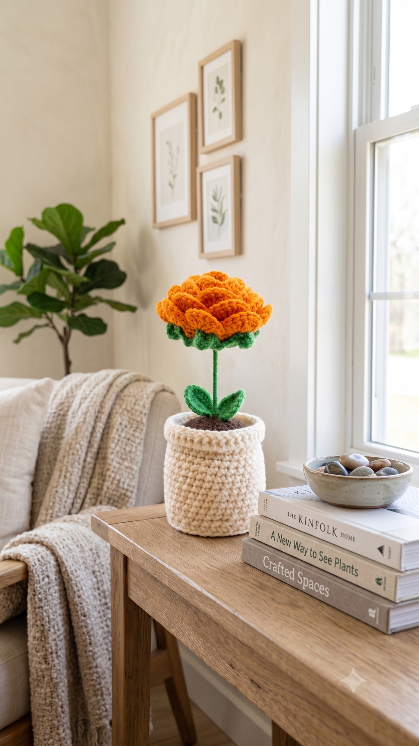 Handmade Crochet Flower Pot Rose Orange Small - Image 3