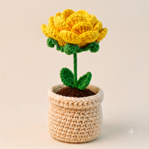 Handmade Crochet Flower Pot Rose Yellow