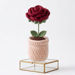 Handmade Crochet Flower Pot Rose Maroon Small