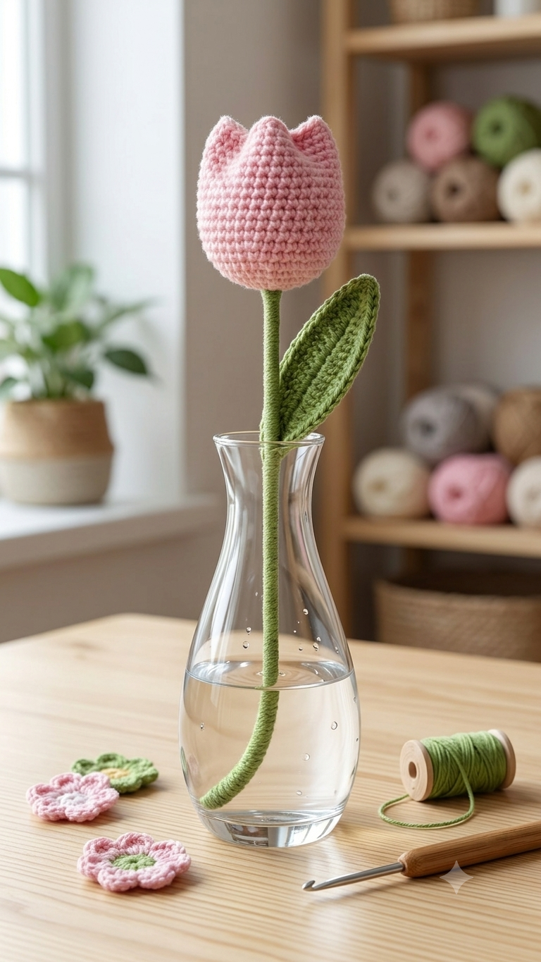 Handmade Crochet Tulip Light Pink Small - Image 3