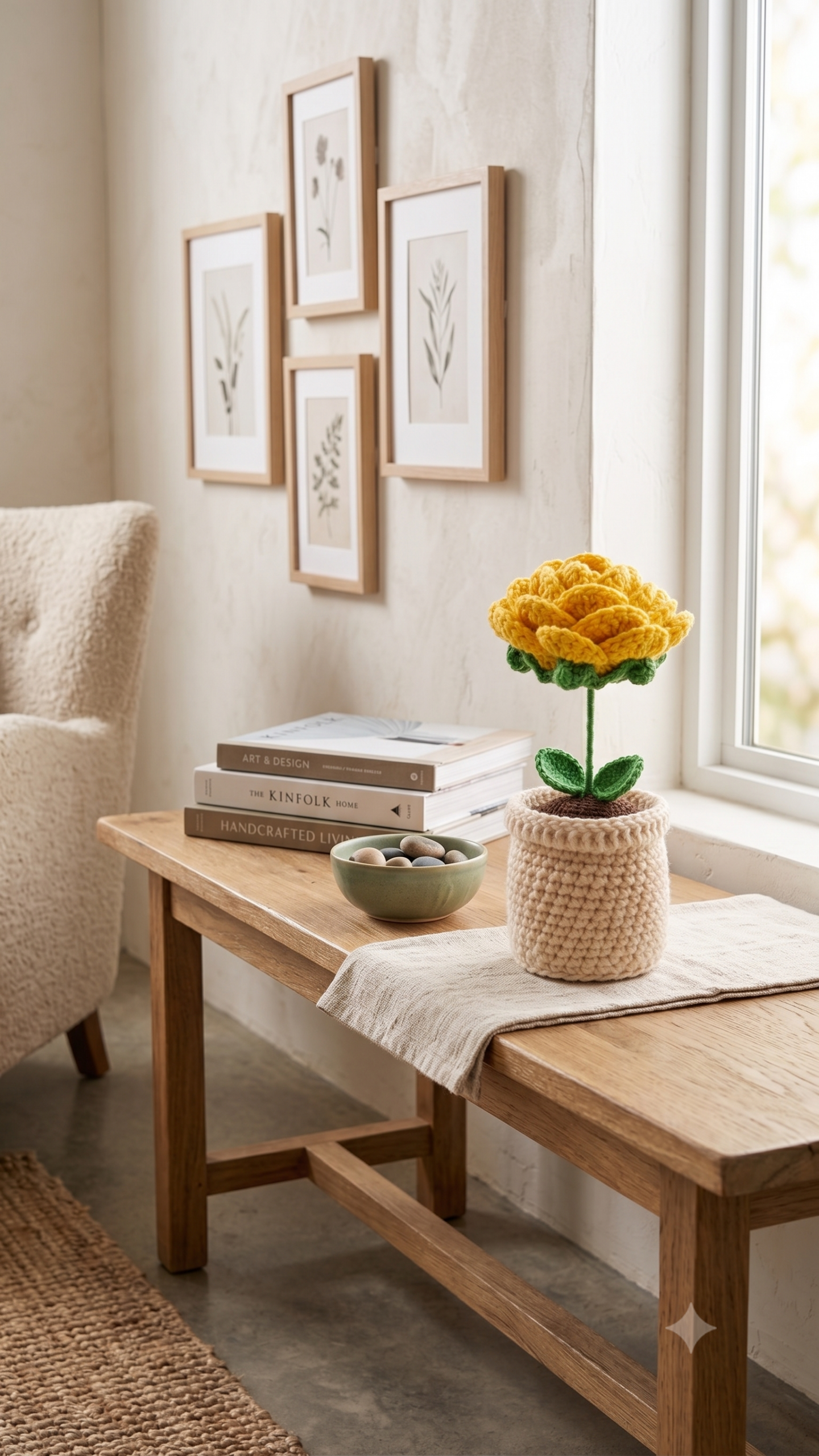 Handmade Crochet Flower Pot Rose Yellow Small - Image 3