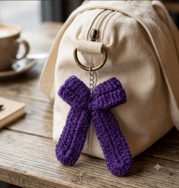 Handmade Crochet Keychain Ribbon Bow Dark Purple - Image 2