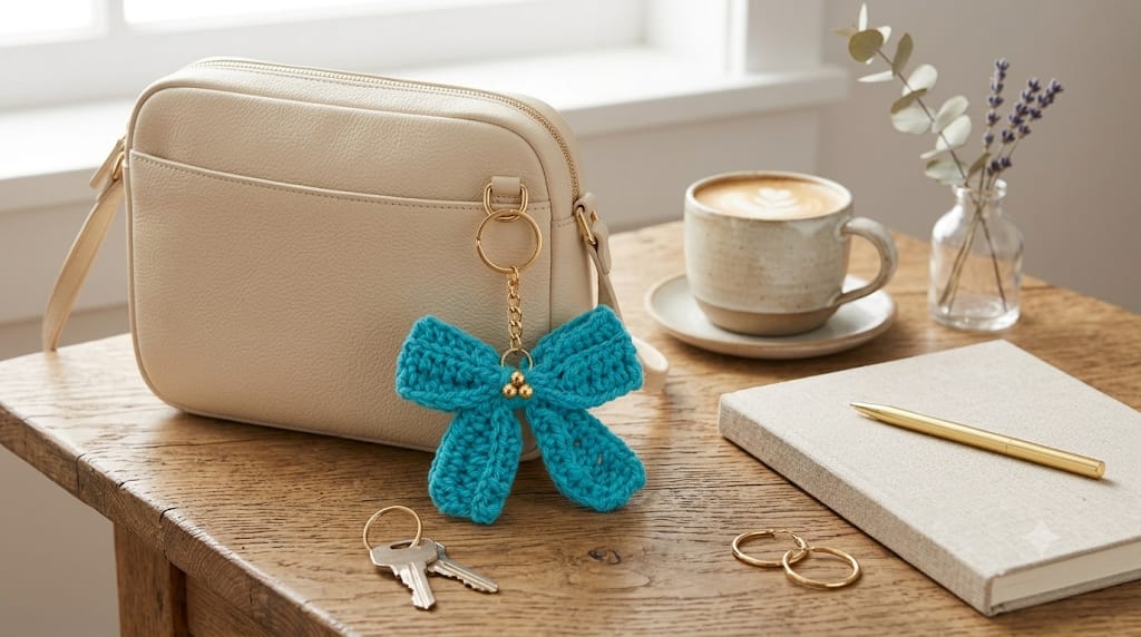 Handmade Crochet Keychain Ribbon Bow Blue - Image 2