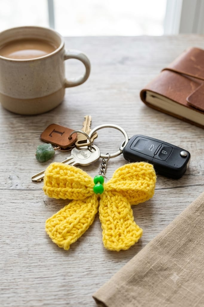 Handmade Crochet Keychain Ribbon Bow Yellow - Image 2