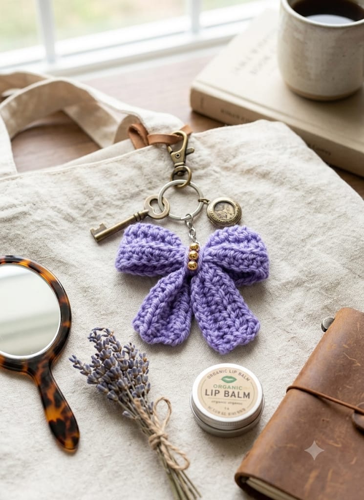 Handmade Crochet Keychain Ribbon Bow Purple - Image 2