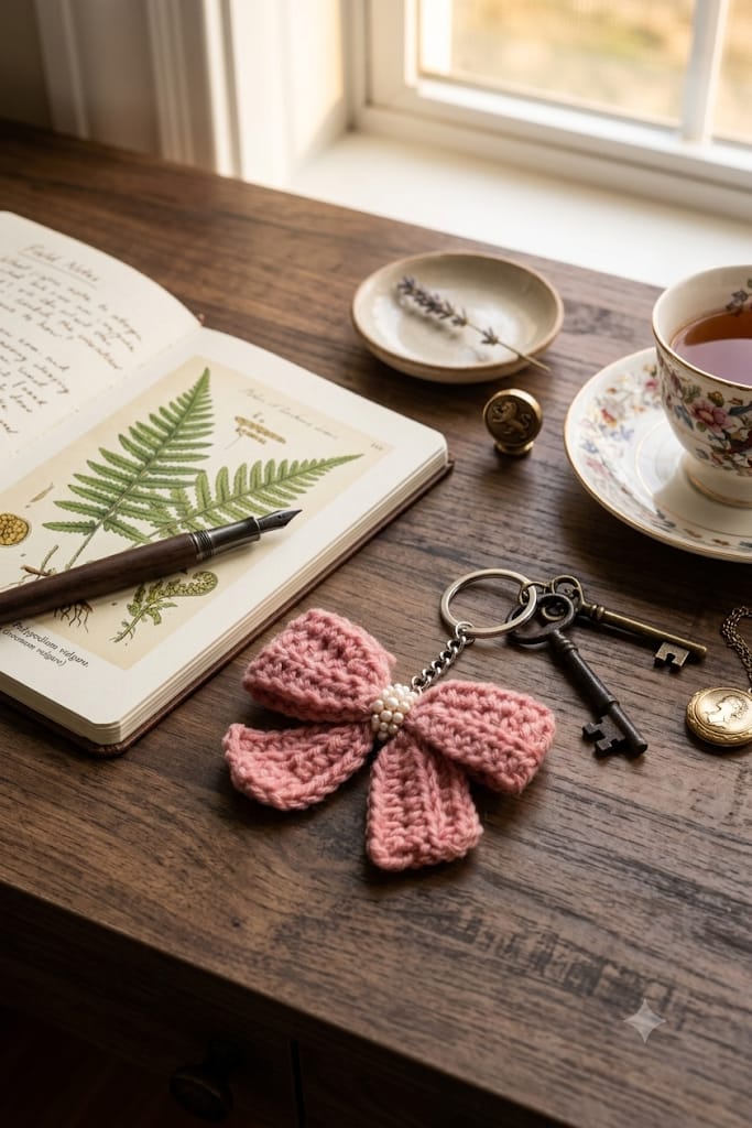 Handmade Crochet Keychain Ribbon Bow Peach - Image 2