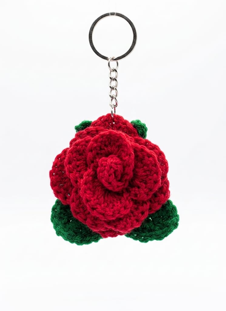 Handmade Crochet Rose Keychain Cherry Red