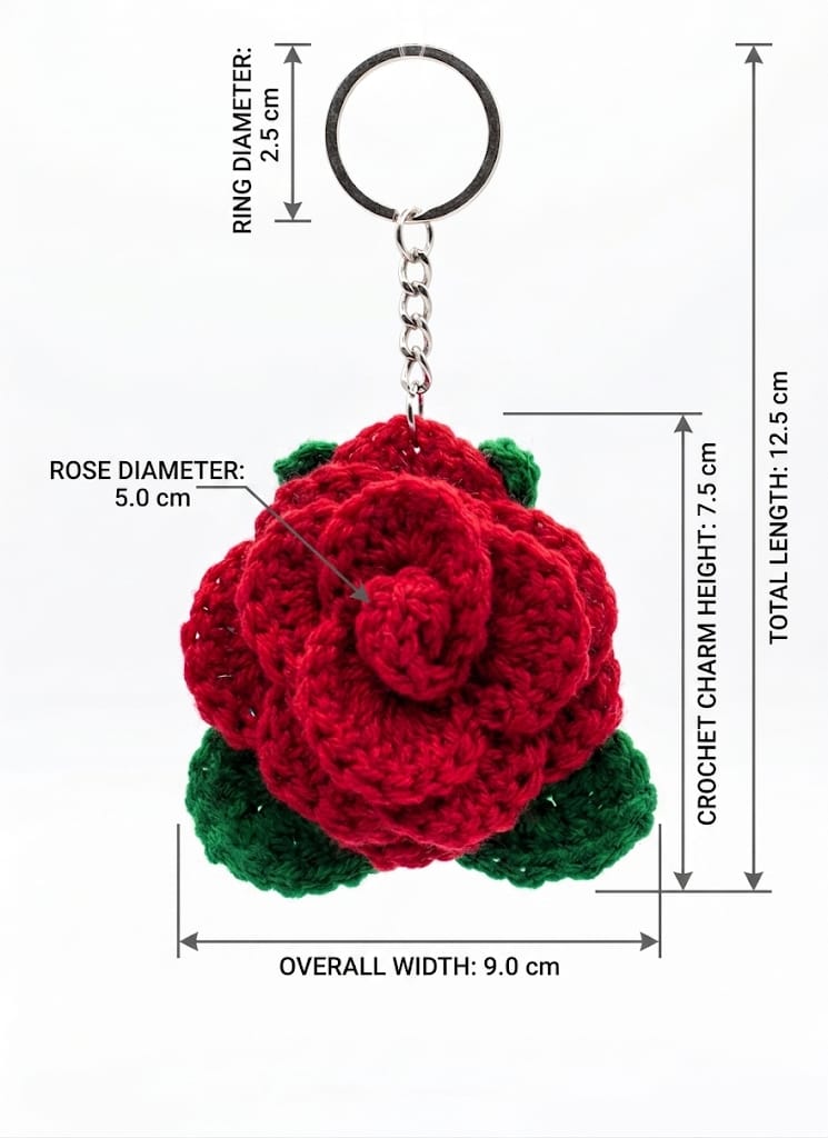 Handmade Crochet Rose Keychain Cherry Red - Image 2