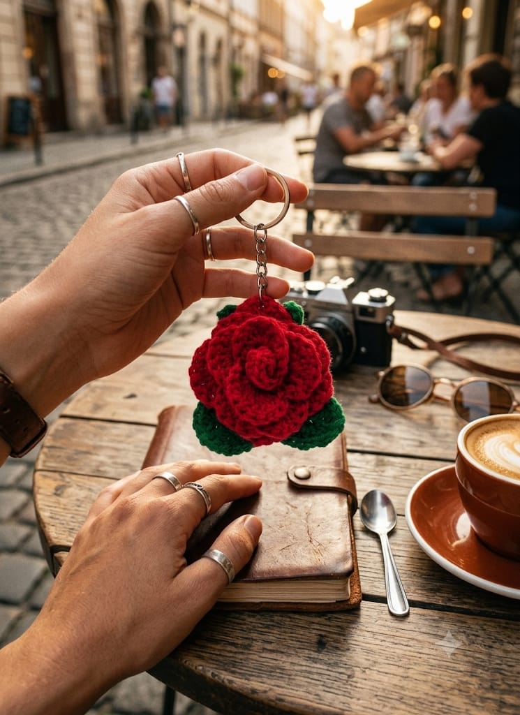 Handmade Crochet Rose Keychain Cherry Red - Image 3