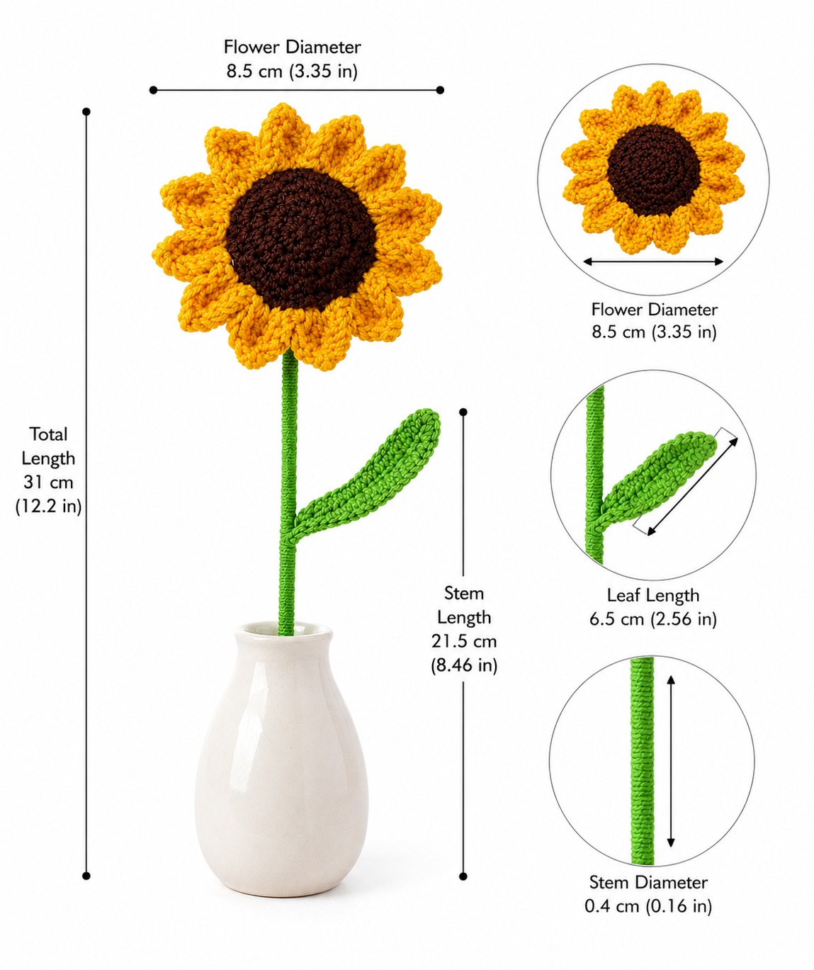 Handmade Crochet Sunflower Big Side Facing Light Green stem - Image 2