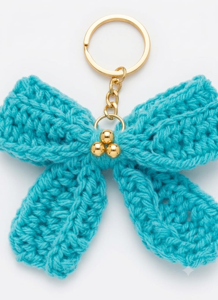 Handmade Crochet Keychain Ribbon Bow Blue